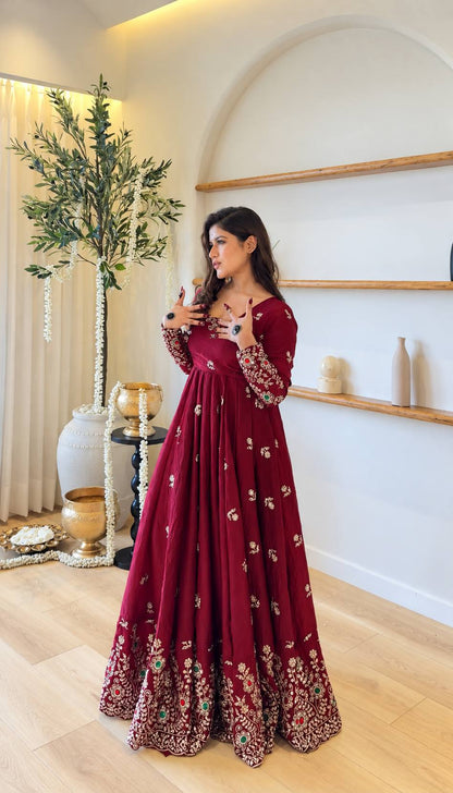 Deep Red Anarkali Gown with Heavy Embroidered Border & Matching Dupatta