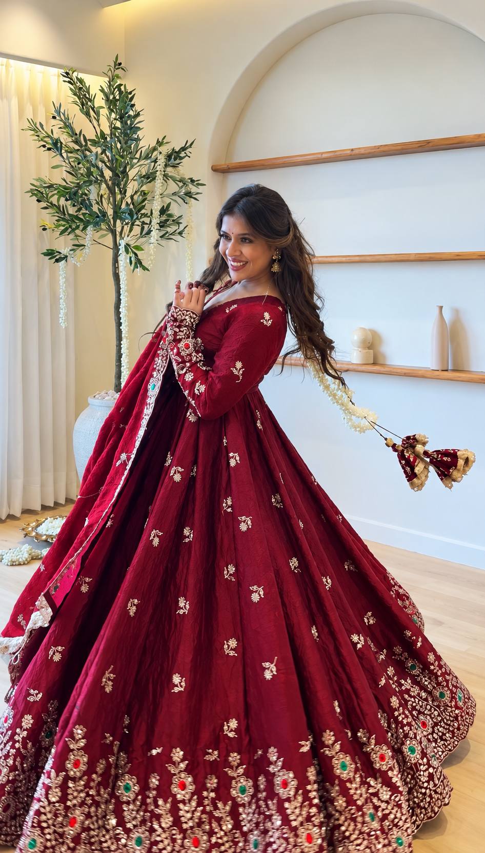 Deep Red Anarkali Gown with Heavy Embroidered Border & Matching Dupatta