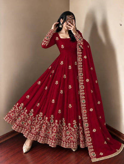 Deep Red Anarkali Gown with Heavy Embroidered Border & Matching Dupatta