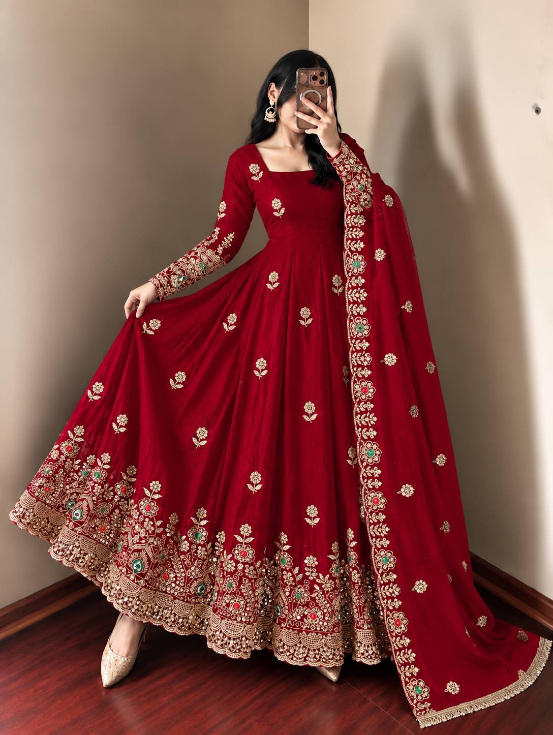 Deep Red Anarkali Gown with Heavy Embroidered Border & Matching Dupatta