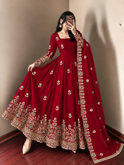Deep Red Anarkali Gown with Heavy Embroidered Border & Matching Dupatta