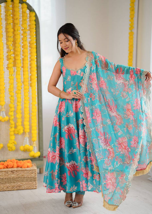 Sky Blue Floral Muslin Anarkali Suit with Organza Dupatta