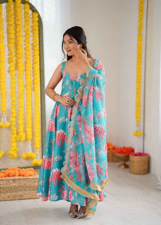 Sky Blue Floral Muslin Anarkali Suit with Organza Dupatta
