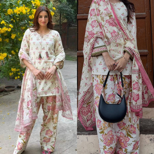 Cream Floral Printed Maslin Kurti with Farshi Pant & Georgette Dupatta