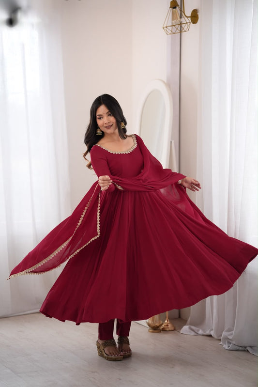 Maroon Mal Chanderi Anarkali Gown with Mirror Lace Dupatta