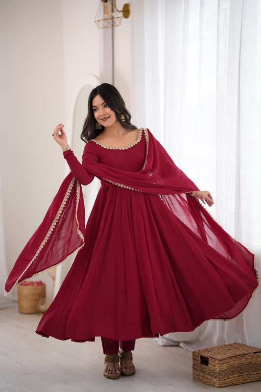 Maroon Mal Chanderi Anarkali Gown with Mirror Lace Dupatta