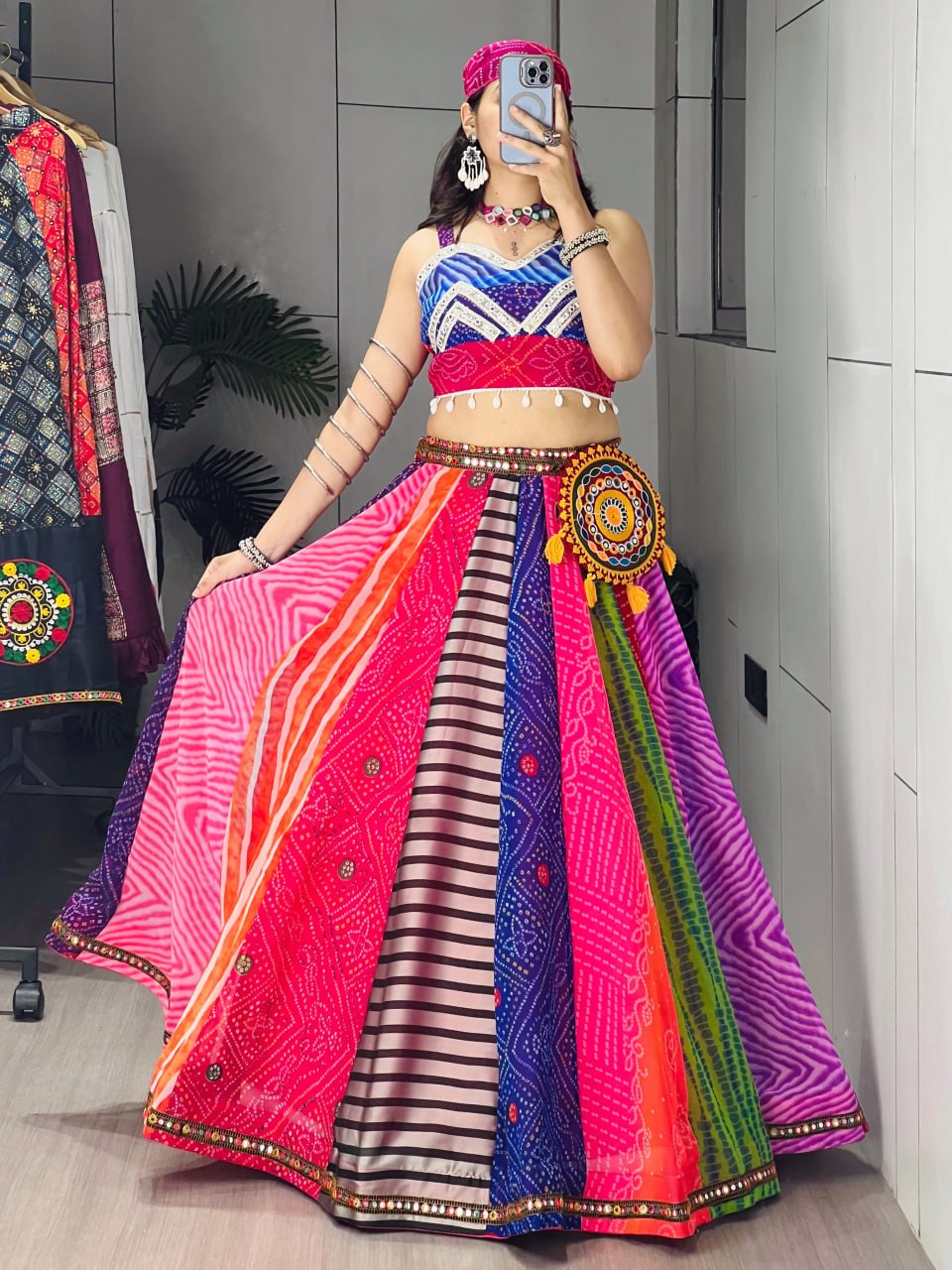 Multicolor Bandhani Georgette Lehenga Choli with Bandana and Batwa for Navratri