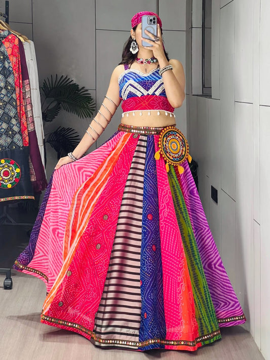 Multicolor Bandhani Georgette Lehenga Choli with Bandana and Batwa for Navratri