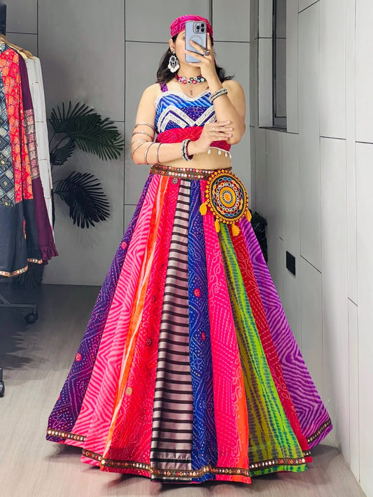 Multicolor Bandhani Georgette Lehenga Choli with Bandana and Batwa for Navratri