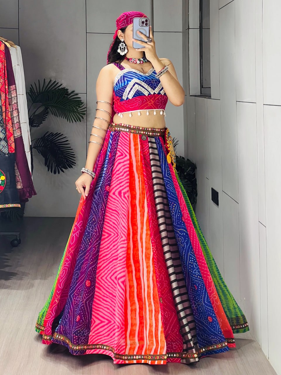 Multicolor Bandhani Georgette Lehenga Choli with Bandana and Batwa for Navratri