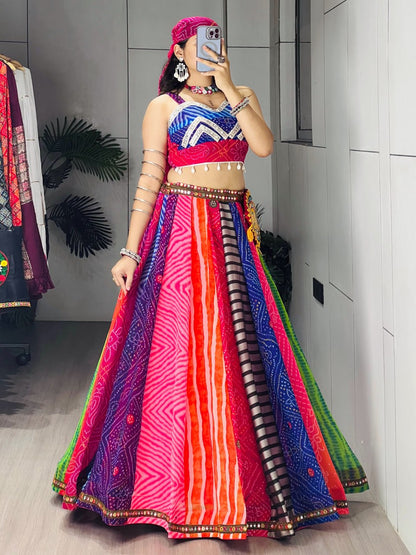 Multicolor Bandhani Georgette Lehenga Choli with Bandana and Batwa for Navratri