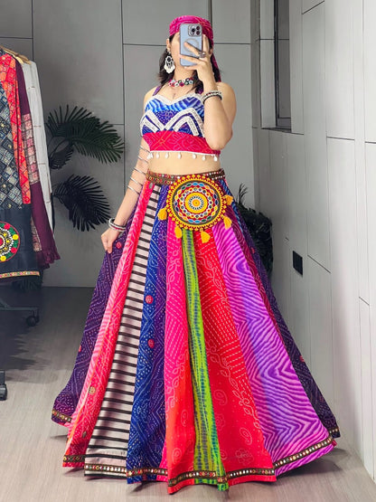 Multicolor Bandhani Georgette Lehenga Choli with Bandana and Batwa for Navratri