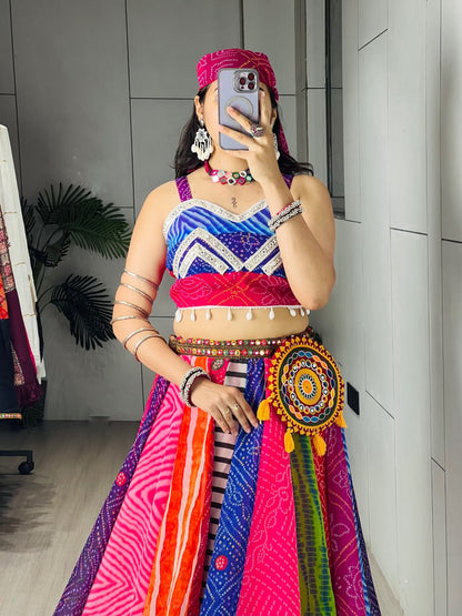 Multicolor Bandhani Georgette Lehenga Choli with Bandana and Batwa for Navratri