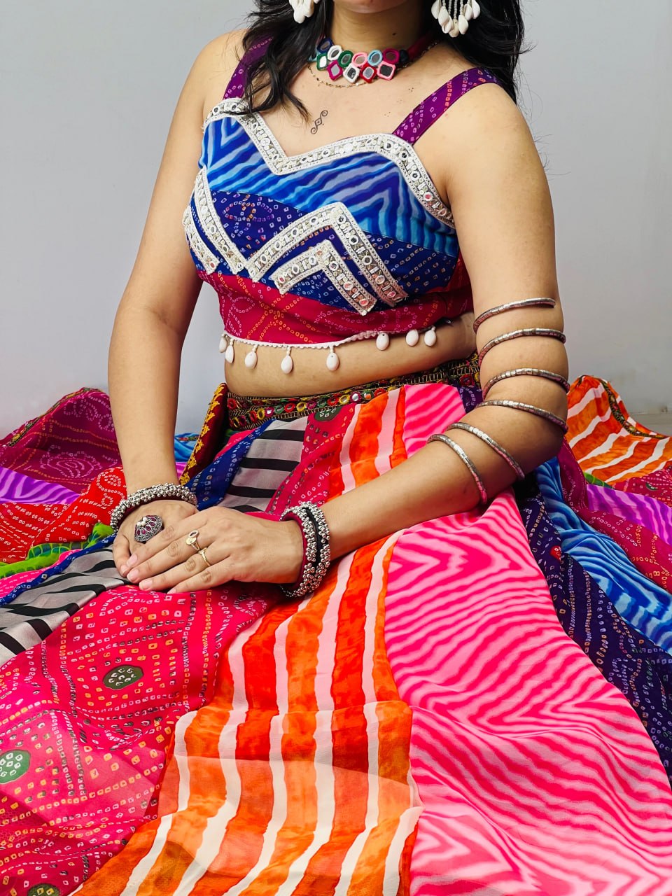 Multicolor Bandhani Georgette Lehenga Choli with Bandana and Batwa for Navratri