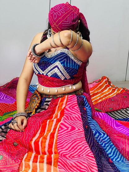 Multicolor Bandhani Georgette Lehenga Choli with Bandana and Batwa for Navratri