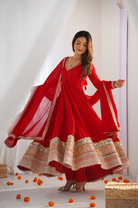 Red Blooming Vichitra Silk Anarkali Gown with Dupatta
