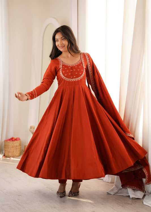 Rust Orange Roman Chanderi Silk Anarkali Suit with Embroidered Dupatta