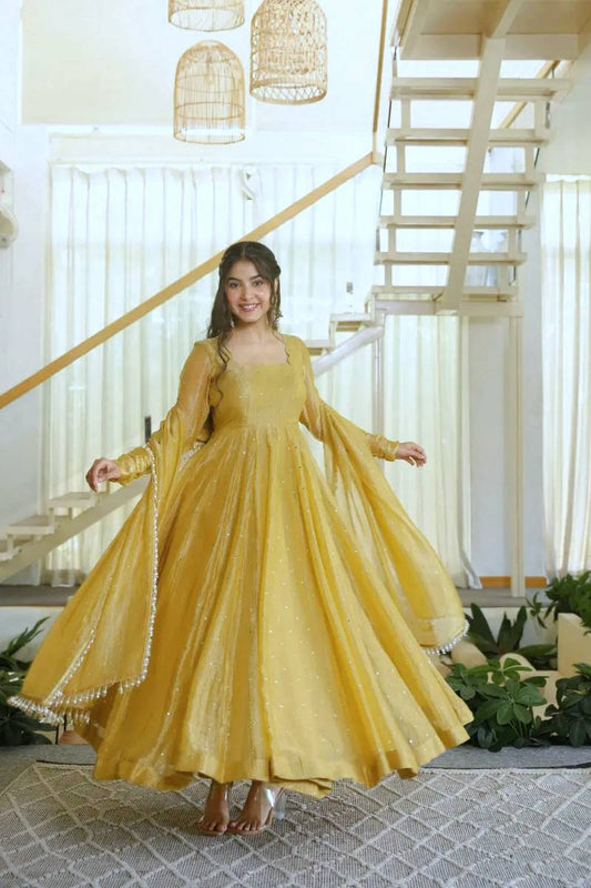 Designer Salsa Silk Foil Work Anarkali Gown Suit with Dupatta