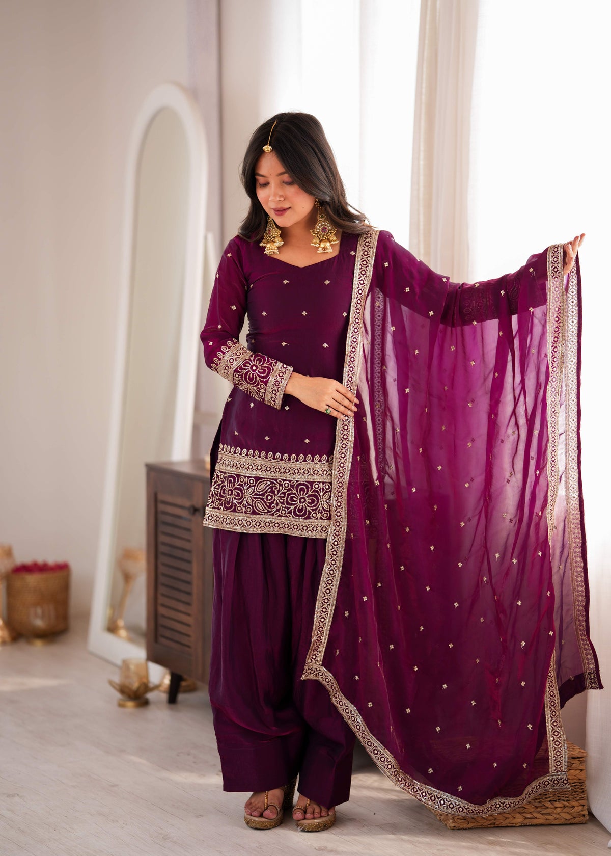 Wine Purple Fendy Silk Farshi Shalwar Suit with Embroidery Sequence & Zari Work