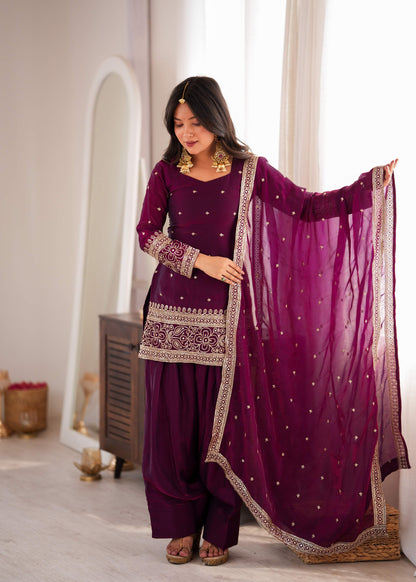 Wine Purple Fendy Silk Farshi Shalwar Suit with Embroidery Sequence & Zari Work
