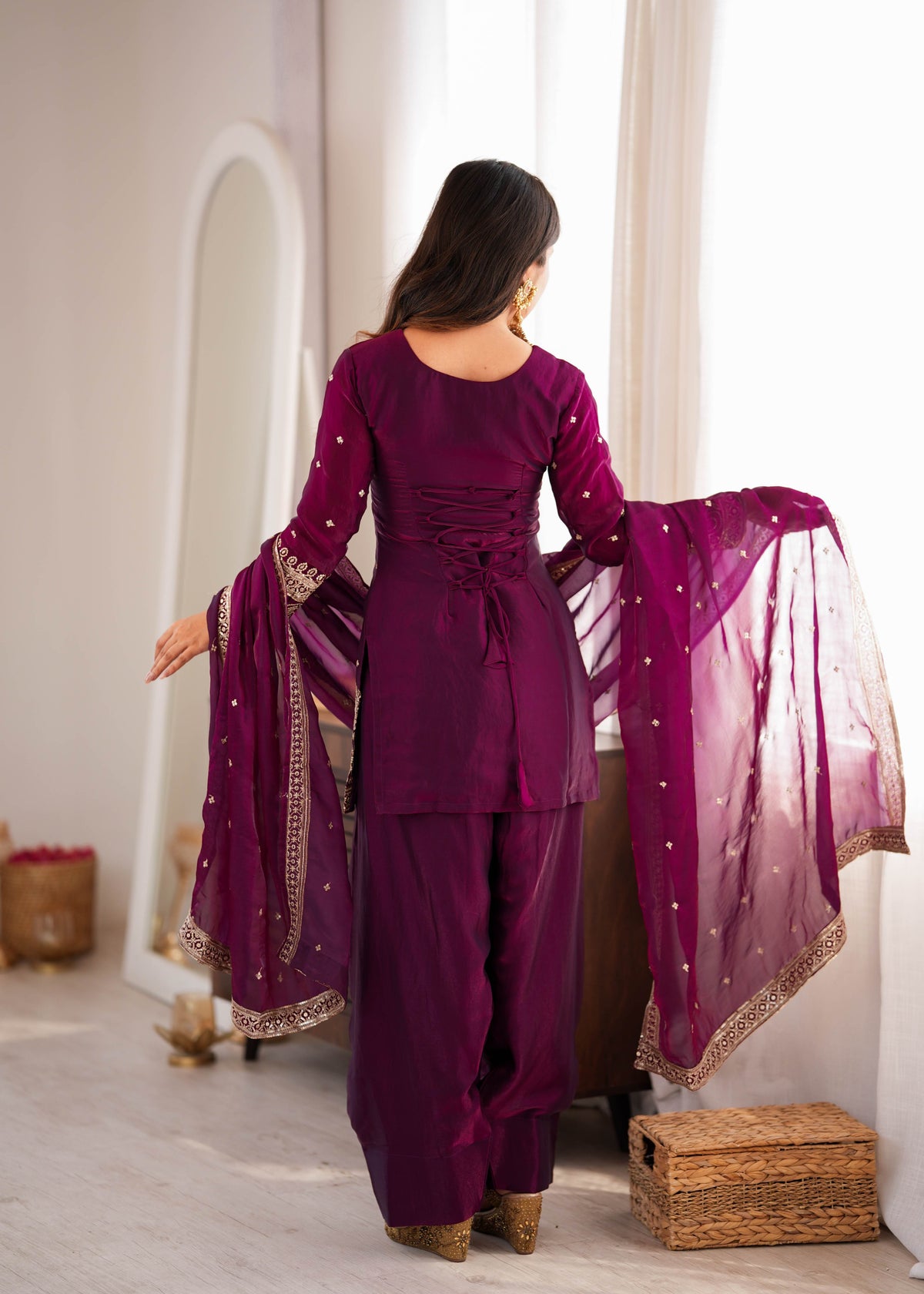 Wine Purple Fendy Silk Farshi Shalwar Suit with Embroidery Sequence & Zari Work
