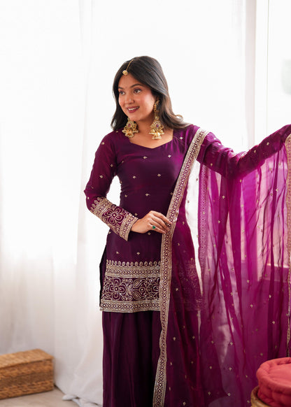 Wine Purple Fendy Silk Farshi Shalwar Suit with Embroidery Sequence & Zari Work