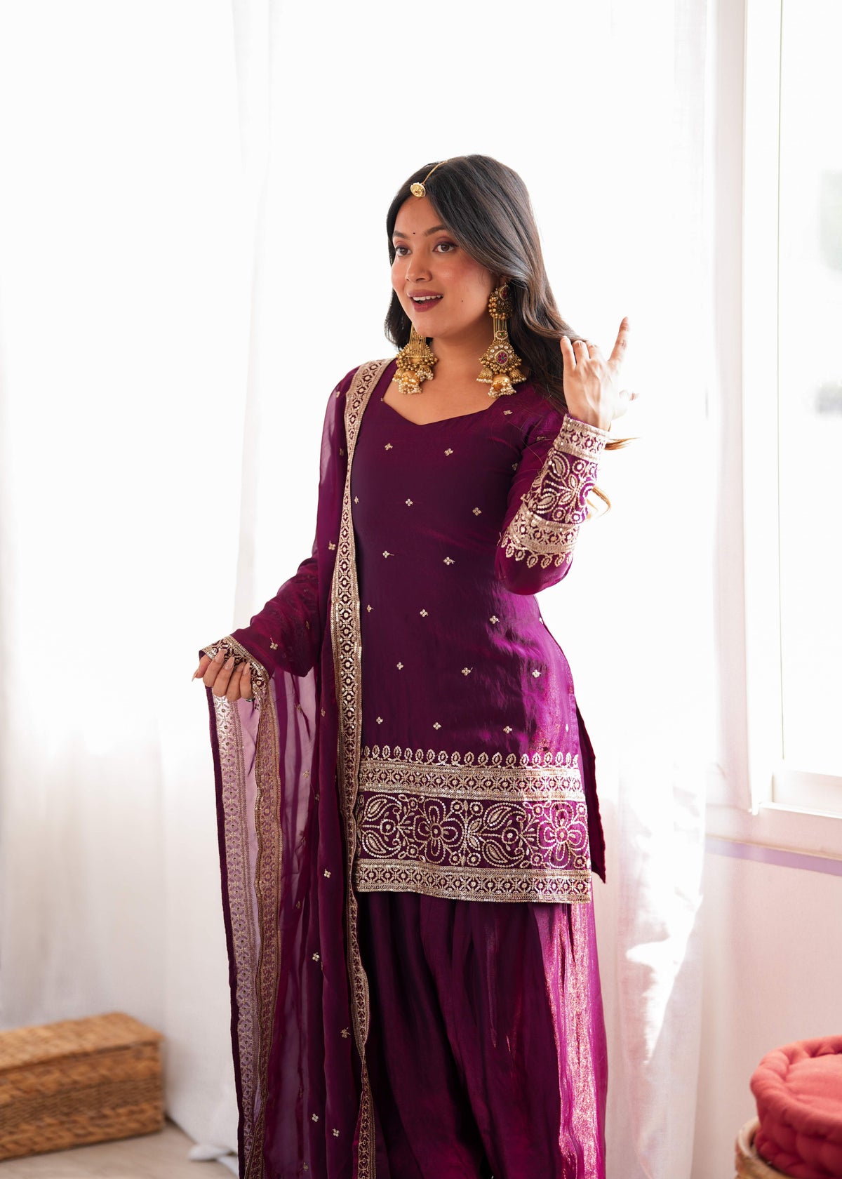 Wine Purple Fendy Silk Farshi Shalwar Suit with Embroidery Sequence & Zari Work