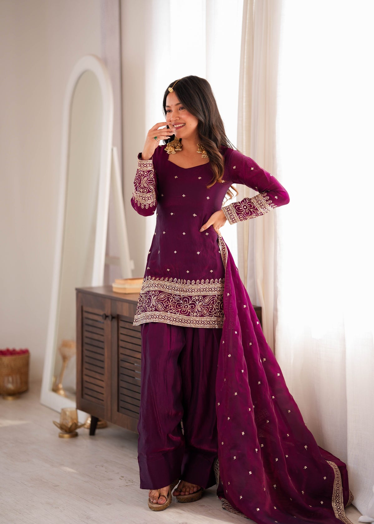 Wine Purple Fendy Silk Farshi Shalwar Suit with Embroidery Sequence & Zari Work