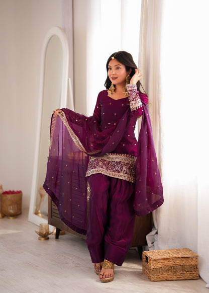 Wine Purple Fendy Silk Farshi Shalwar Suit with Embroidery Sequence & Zari Work