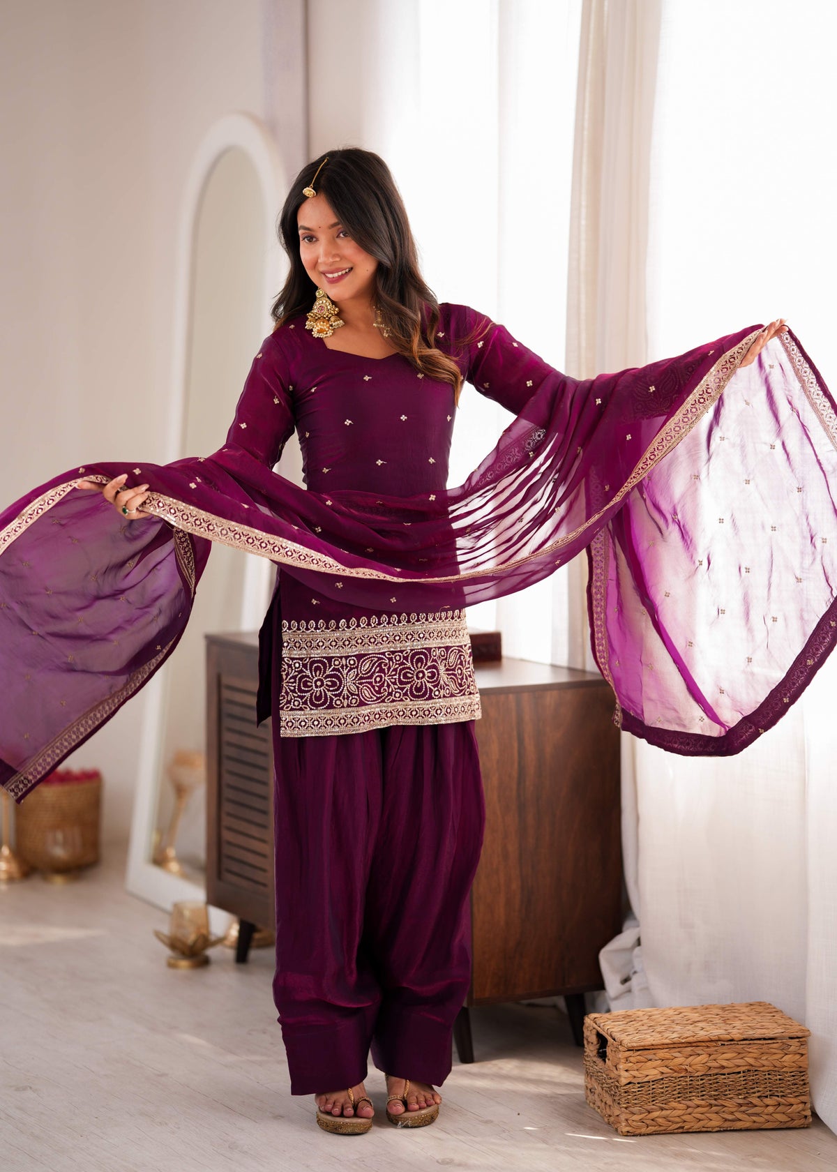Wine Purple Fendy Silk Farshi Shalwar Suit with Embroidery Sequence & Zari Work