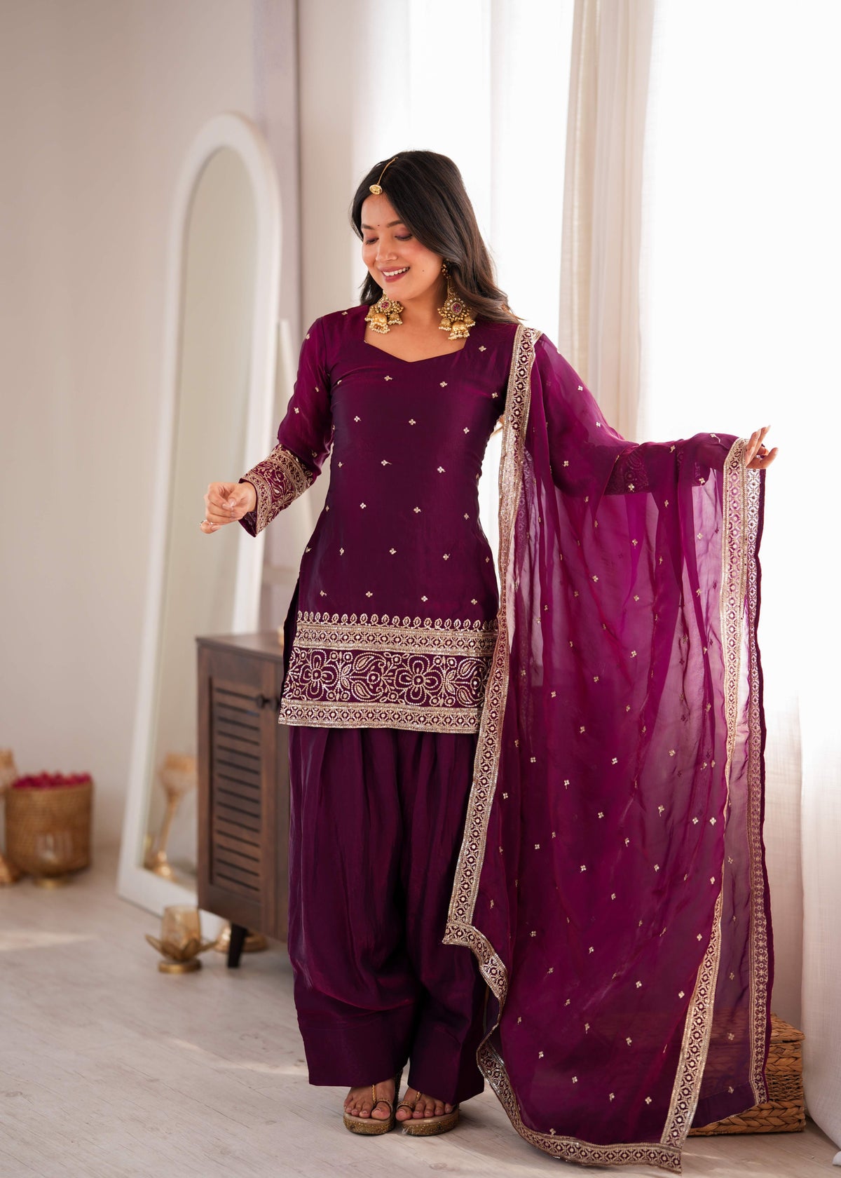 Wine Purple Fendy Silk Farshi Shalwar Suit with Embroidery Sequence & Zari Work