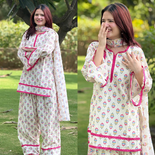 Printed Pure Natural Crepe Farshi Pant Suit Set with Georgette Dupatta