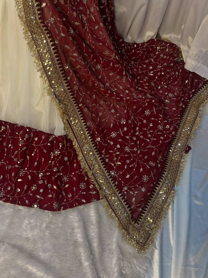 White and Maroon Anarkali Gown with Embroidered Dupatta and Heavy Border Work