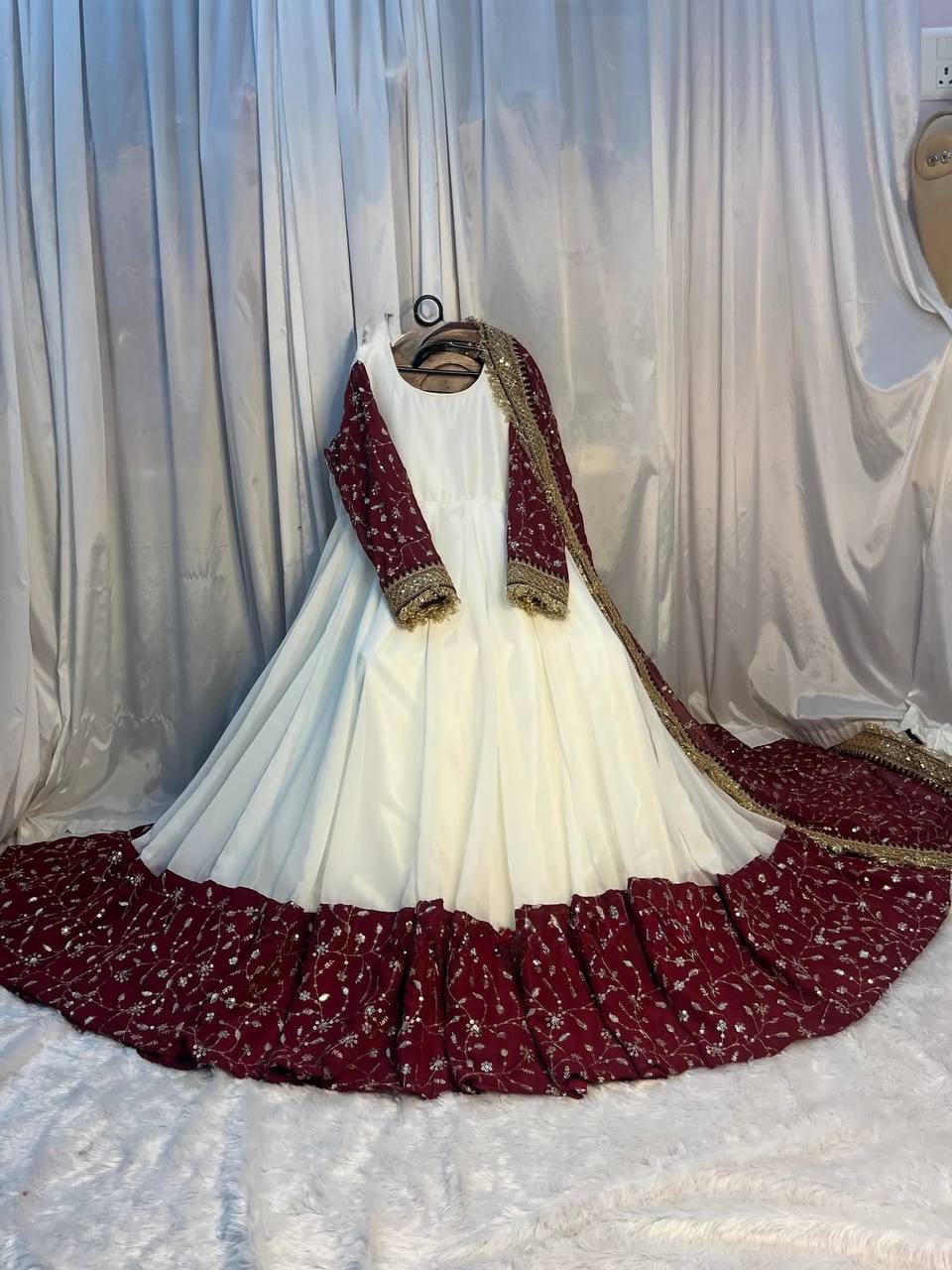 White and Maroon Anarkali Gown with Embroidered Dupatta and Heavy Border Work