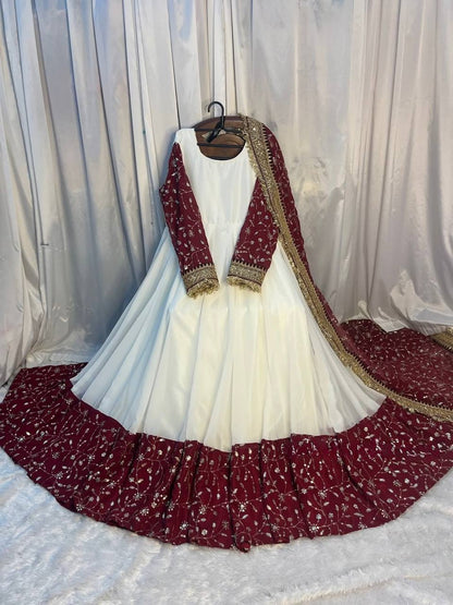 White and Maroon Anarkali Gown with Embroidered Dupatta and Heavy Border Work