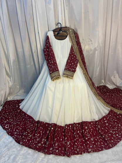 White and Maroon Anarkali Gown with Embroidered Dupatta and Heavy Border Work