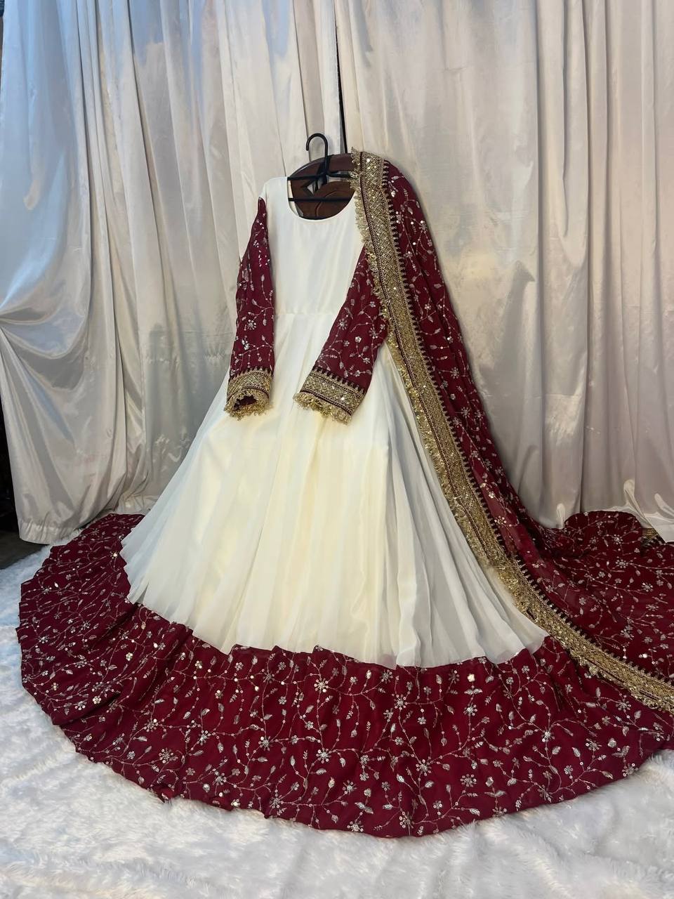 White and Maroon Anarkali Gown with Embroidered Dupatta and Heavy Border Work