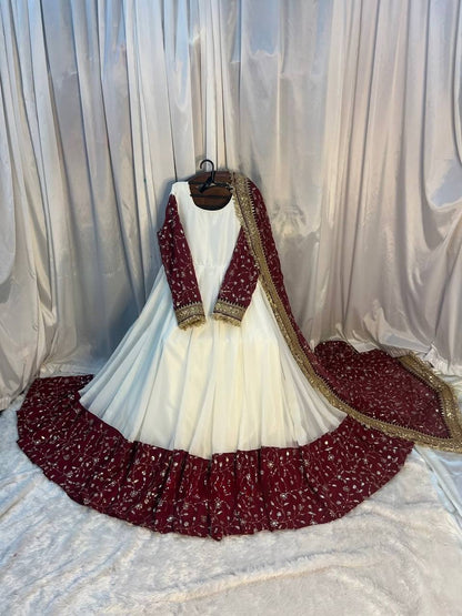 White and Maroon Anarkali Gown with Embroidered Dupatta and Heavy Border Work