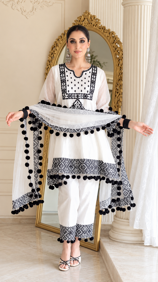 Natural Crepe Ethnic Suit Set with Real Mirror Work Thread Embroidery & Lace Dupatta