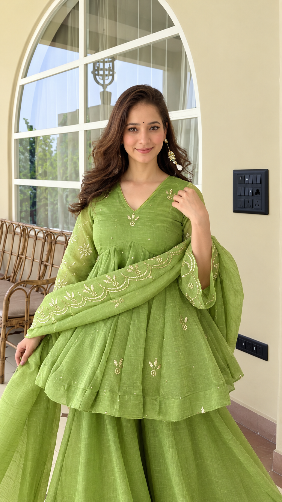 Lime Green Embroidered Peplum Kurti with Sharara & Matching Dupatta