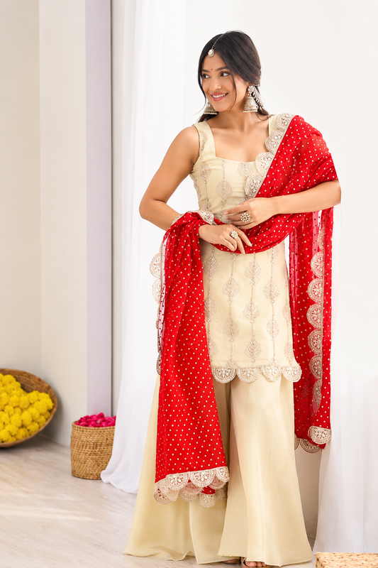 Ivory Cream Embroidered Kurta Palazzo Set with Red Dupatta