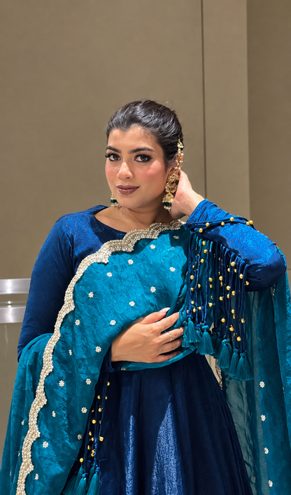 Royal Blue Silk Anarkali Gown with Trendy Tassels Sleeve and Dupatta