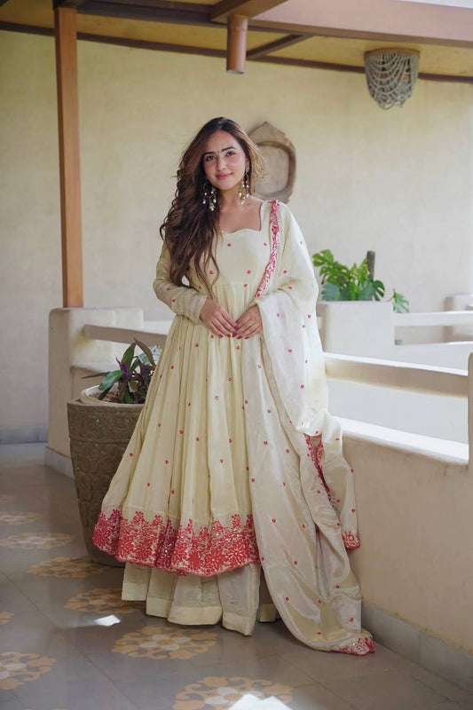 Off White Floral Embroidered Anarkali Suit Set with Palazzo & Dupatta
