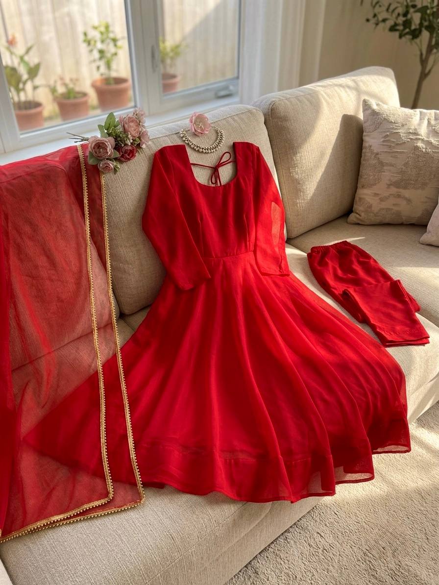 Designer Red Tibby Silk Anarkali Gown with Lace Dupatta