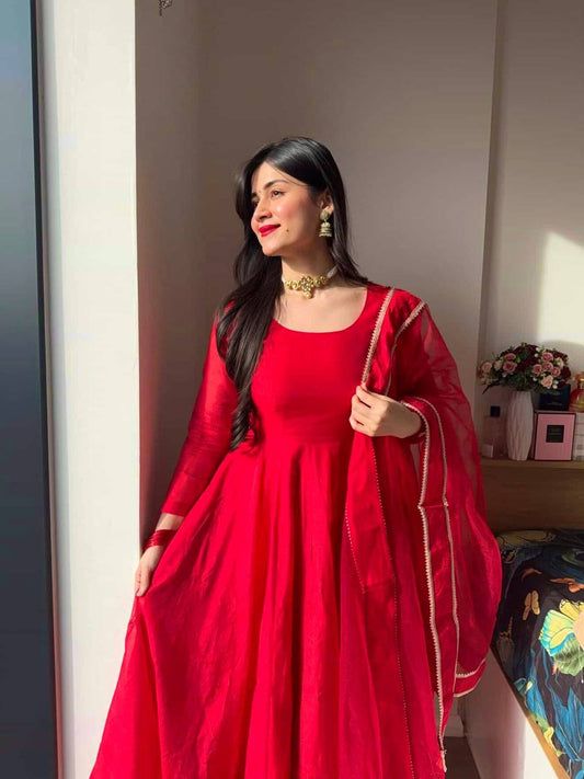 Designer Red Tibby Silk Anarkali Gown with Lace Dupatta