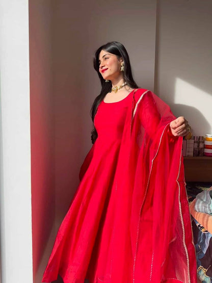 Designer Red Tibby Silk Anarkali Gown with Lace Dupatta