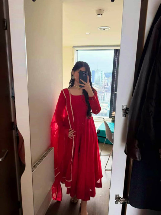 Designer Red Tibby Silk Anarkali Gown with Lace Dupatta
