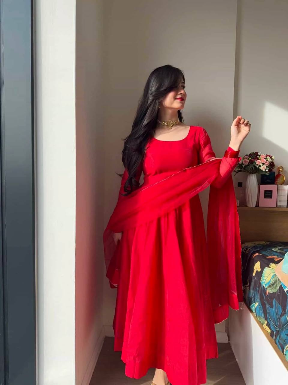 Designer Red Tibby Silk Anarkali Gown with Lace Dupatta