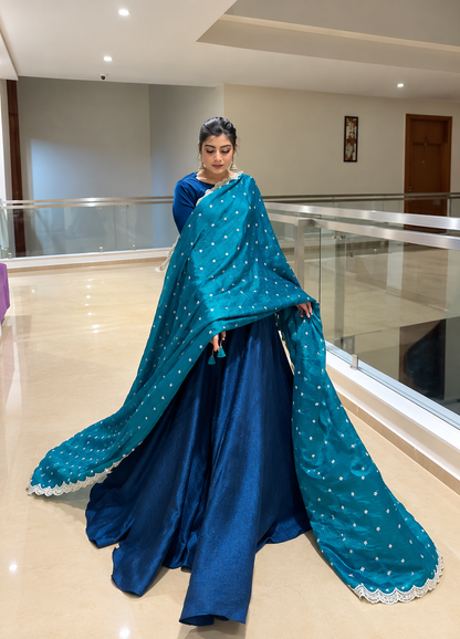 Royal Blue Silk Anarkali Gown with Trendy Tassels Sleeve and Dupatta