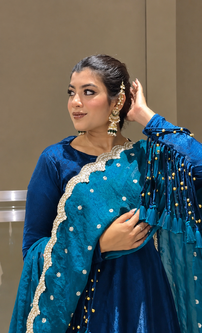 Royal Blue Silk Anarkali Gown with Trendy Tassels Sleeve and Dupatta